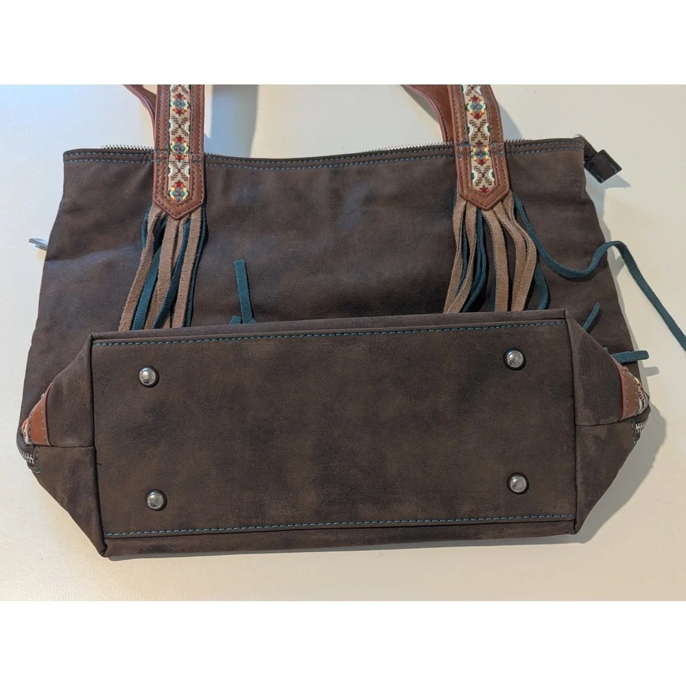 Catchfly Western Boho Faux Suede Tote Bag Brown Turquoise Fringe Embroidered